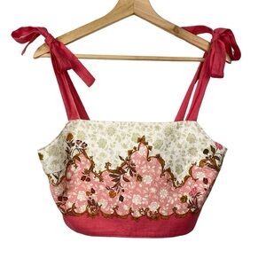 RACHEL ZOE NWT Linen Blend Cropped Top Shoulder Ties, Pink/Cream, Size Small